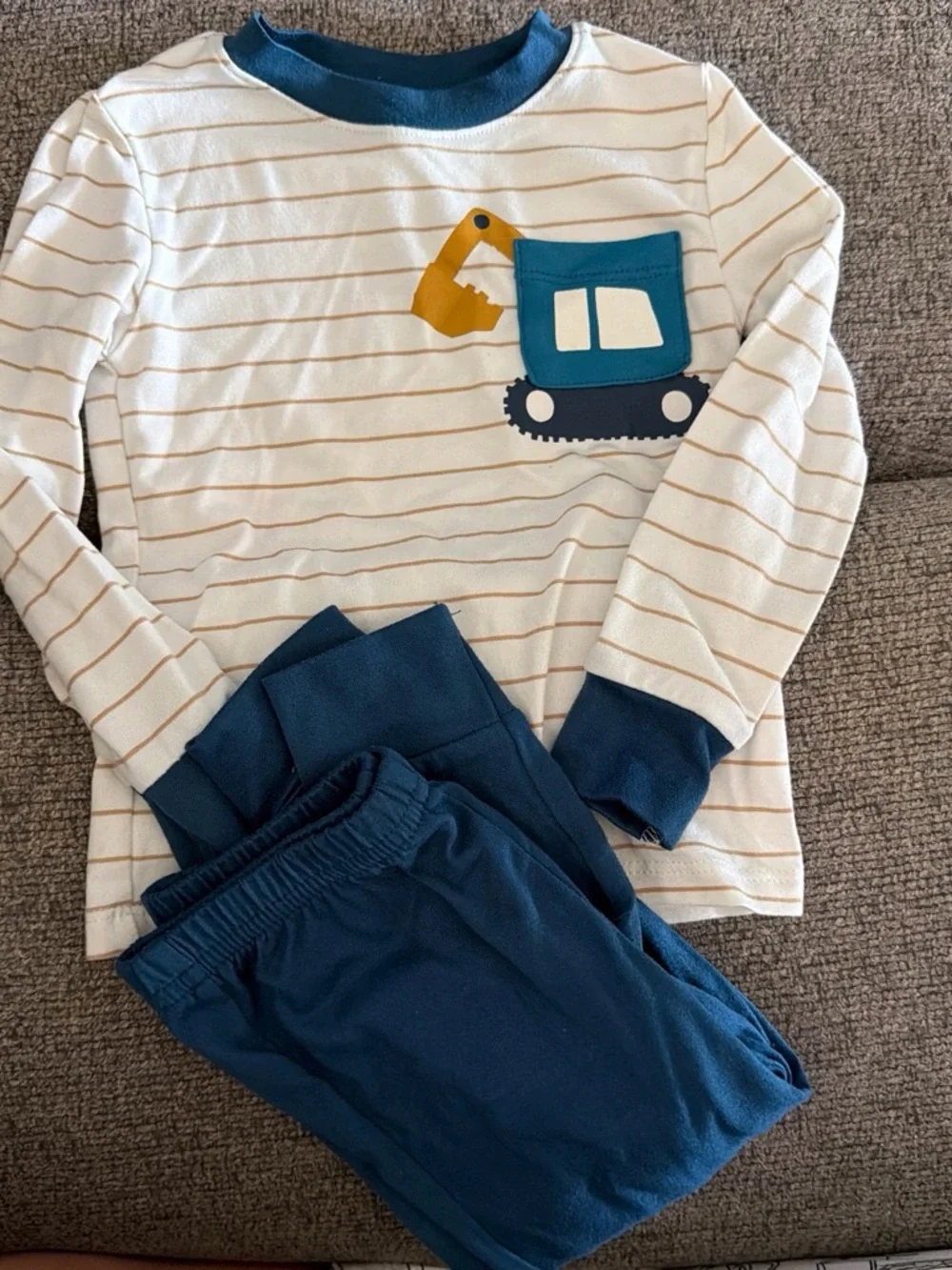Tahari Cream and Blue Striped Pajama Set with Excavator Patch